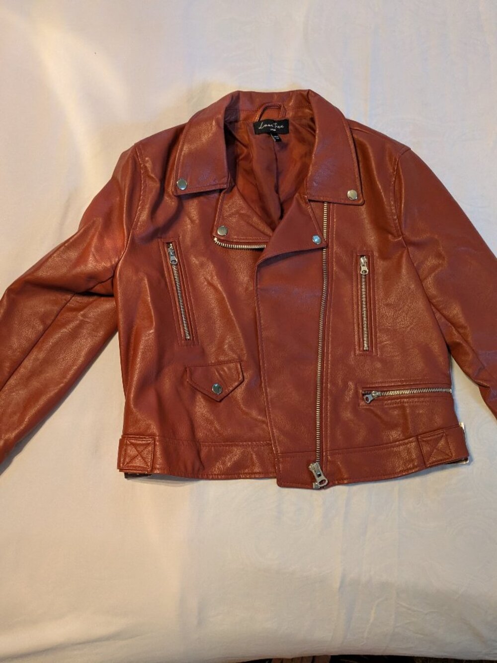 Love Tree Faux Leather Moto Jacket Brown & Red Small